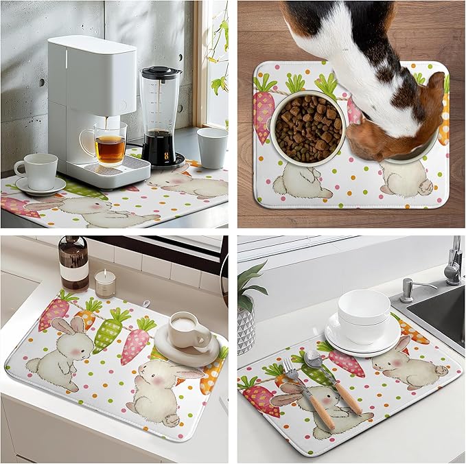 Easter Spring Dish Drying Mats Cute Bunny Dish Mat Easter colorful Carrots Drying Matt Dishes Dryer Pad for Kitchen Counter Absorbent Microfiber Washable Foldable Reusable 18x24 in