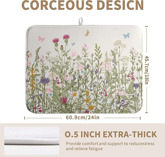 Wildflower Floral Dish Drying Mat for Kitchen Counter Vintage Rustic Flower Drying Mats Spring Summer Herb Plant Absorbent Microfiber Dishes Pad Washable Dish Draining Mat Extra Large 18"x24"