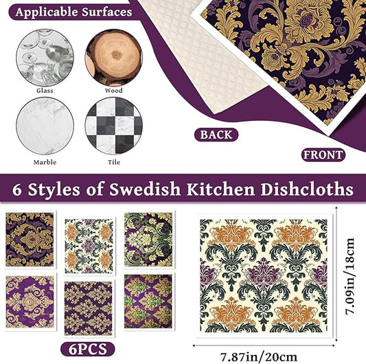 Reusable Swedish Dishcloths for Kitchen, 6 Pcs Mardi Vintage Floral Swedish Dish Cloths, Purple Flower Sponge Cleaning Towels Wipes for Kitchen Cooking Gras Home Decoration Housewarming Gifts