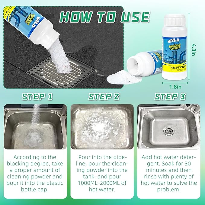 Drain Cleaner Powder, Wild Tornado Sink and Drain Cleaner Powerful Pipeline Dredging Agent, Kitchen Unblocker, Powder for Kitchen Toilet(3Pcs)
