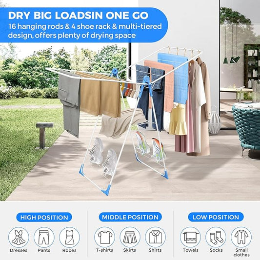 Gullwing Clothes Drying Rack,Foldable Laundry Drying Racks with Shoe Rack, Free-Standing Large Standing Airer, with Height-Adjustable Wings for Indoor Outdoor Use, Laundry Room, Balcony