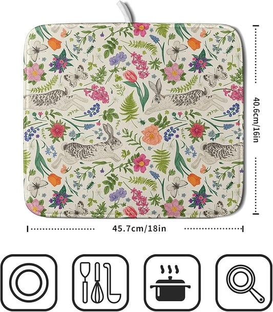Spring Easter Dish Drying Mat for Kitchen Counter 16x18 Rabbit Bunny Green Pink Floral Vintage Print Absorbent Reversible Microfiber Drying Mats Kitchen Countertop Protector Dishes Drainer Rack Pad