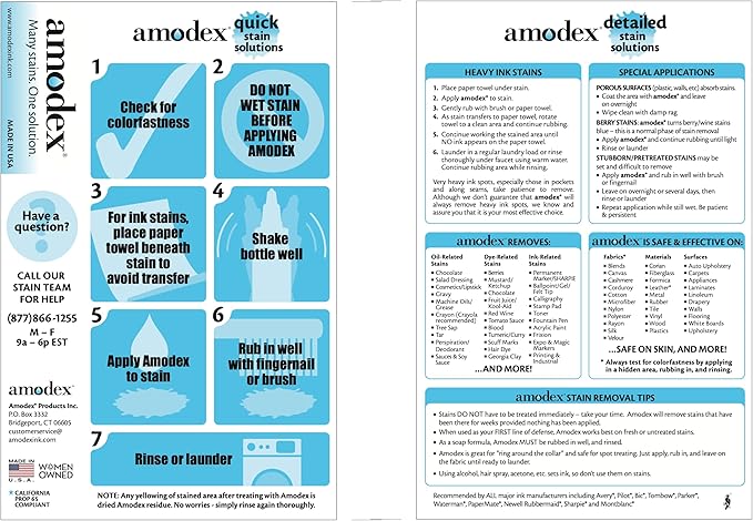 Amodex Ink & Stain Kit with Stain Remover Brushes, Removes Ink, Sharpie, Grease, Food and More, Safe and Effective on Clothes, Leather and Skin, Includes 1 Bottle and 2 Brushes