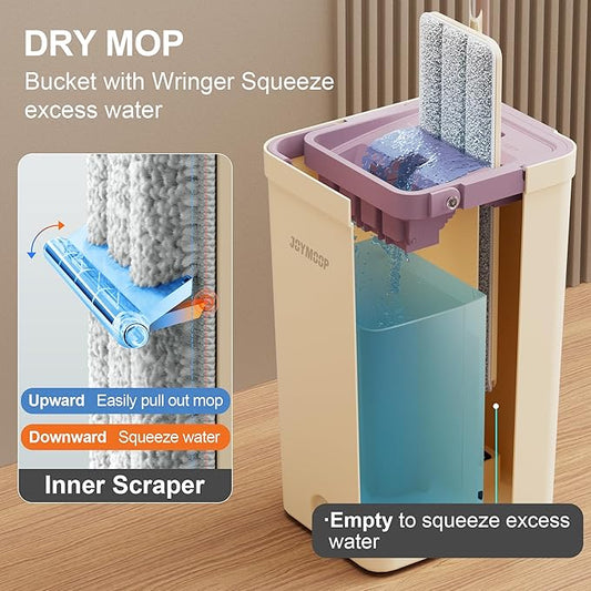 JOYMOOP Mop and Bucket Set (Beige & Blush Brown) with Extension Handle, Ideal for Floor, Window, and Wall Cleaning - Includes 5 Washable Microfiber Pads for Wet and Dry Use