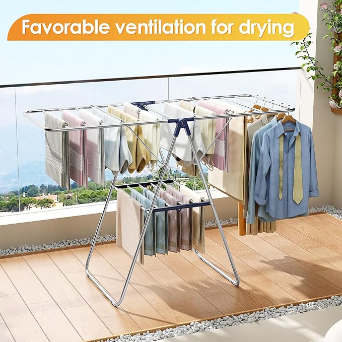 KINGBOARD Clothes Drying Rack,Stainless Steel Laundry Drying Rack with Height-Adjustable, Foldable Gullwing for Easy Storage, No Assembly, Indoor Outdoor Use, 56.4" D x 21.6" W x 39.3" H, Blue
