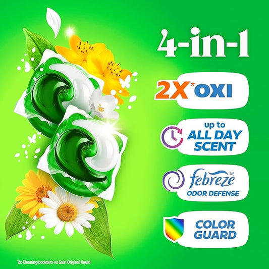 Gain Flings Liquid Washing Detergent Pacs, Now with Odor Defense + Color Guard, Original Scent, 4-In-1 Liquid Laundry Detergent Pods, Clean & Fresh, 60 Count (Packaging May Vary)