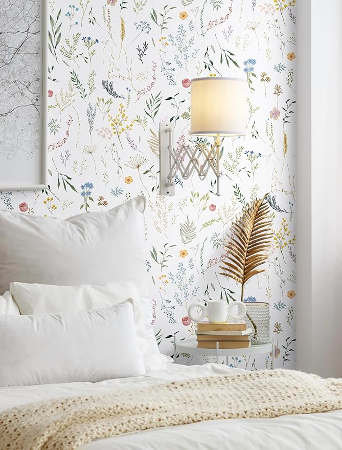 Dimoon 236"x16.1" Floral Peel and Stick Wallpaper White Contact Paper Thicken Wallpaper Delicate Flower Waterproof Green Leaf White Self Adhesive Removable Wall Paper Shelf Liner Vinyl Roll
