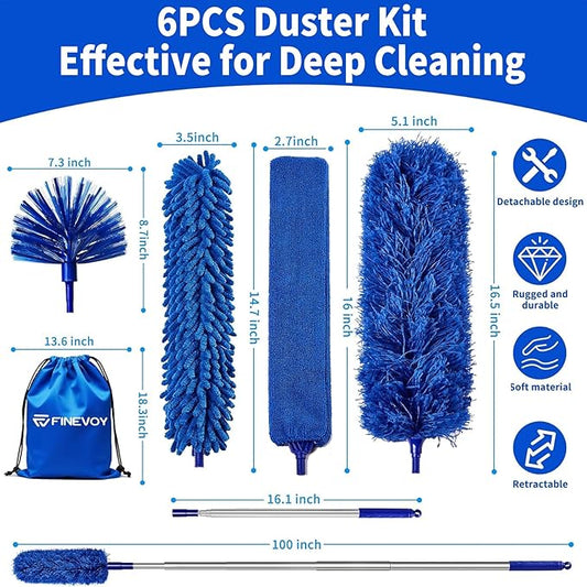 Dusters 6-in-1 Kit, Duster with Extension Pole 100 Inches, Dusters for Cleaning, Cobweb Duster, Microfiber Feather Gap Duster Cleaner for Fans, Blinds, Cars and Furniture