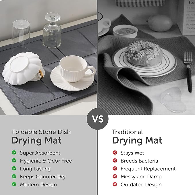 Large Stone Dish Drying Mat for Kitchen Counter, Dividable Quick Dry Stone Dishes Mats, Detachable Water Absorbing Diatomaceous Earth Drying Organizer Pad for Rack Bottles(Dark Gray 24"×16" & 8"x5")