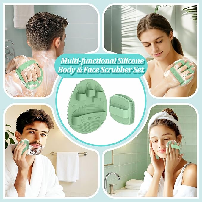Silicone Bath Glove & Face Scrubber Set 2PCS, 360° Anti-Slip & Hand-fit Body Scrubber for Rich Foaming Deep Cleaning, Unique Facial Scrubber with Side-bristles for Contoured Areas.(Green)