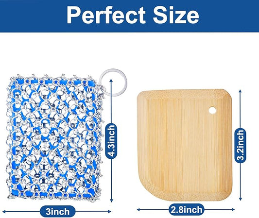 Cast Iron Scrubber - 316 Stainless Steel with Silicone Core, Bamboo Scraper, Perfect Cleaner Set for Cast Iron Pans, Skillets, Pots, Woks