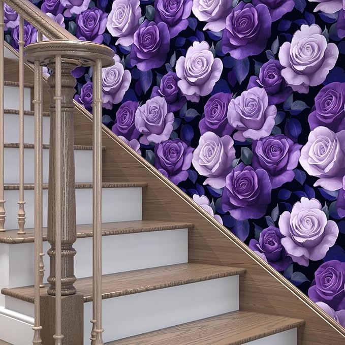 Purple Peel and Stick Wallpaper, Vintage Purple Rose Floral Pattern Wallpapers, Dark Romance Flower Self Adhesive Contact Paper Wall Decor for Bedroom Bathroom Drawer Bookshelf 17.5In x 9.8Ft
