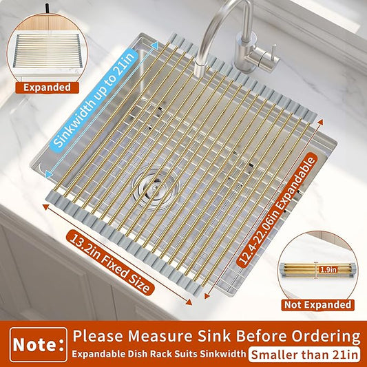 Golden Expandable Roll-UP Dish Drying Rack-Large 304 Stainless Steel Dish Drainer Over The Sink for Kitchen Countertop,Extendable & Rollable & Food Grade (Gold,22.08'x 13.2')
