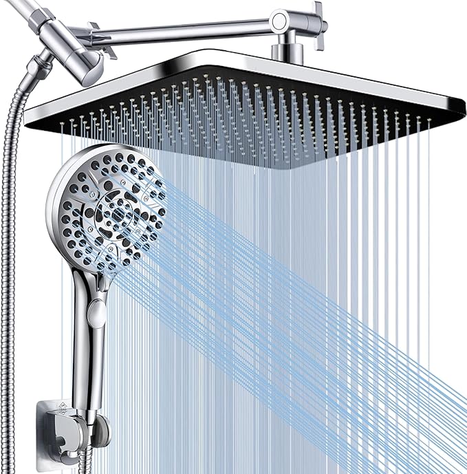 Rainfall Shower Head with Handheld, 14 Inch Rain Shower Head Combo,High Pressure Fixed Showerhead and 10 Spray Settings Handheld Shower Heads,Bathroom Accessories,Chrome