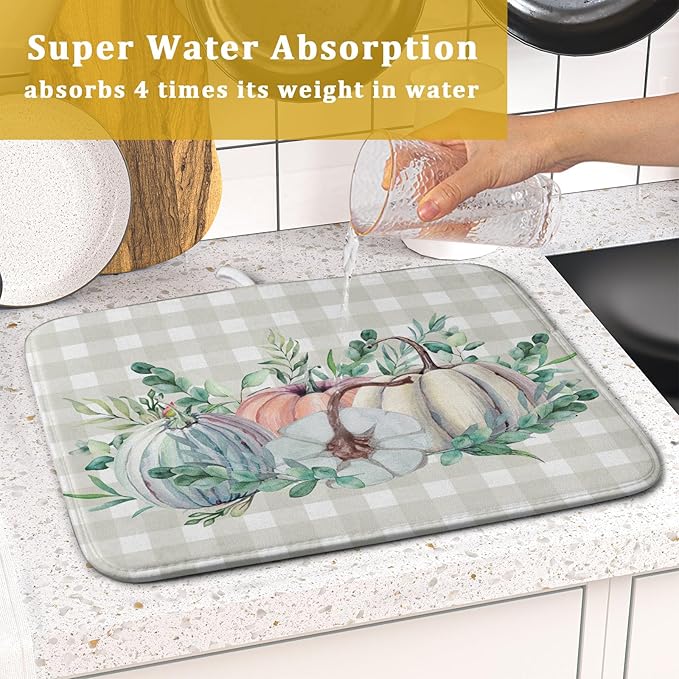 Fall Colorful Pumpkin Dish Drying Mat for Kitchen Counter,Green Leaves Drying Mat with Hanging Loop 16 x 18 Inch Microfiber Grey White Check Plaids Dish Drying Pad Dish Rack Drainer Mat for Coffee Bar