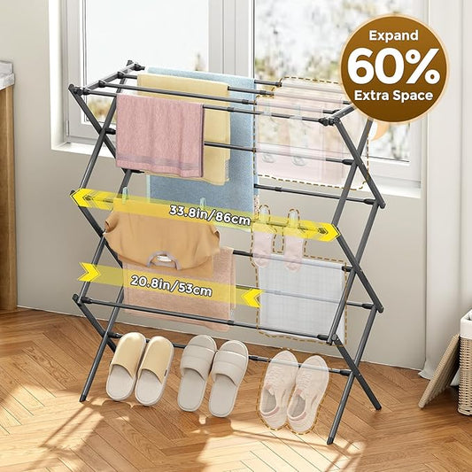 KINGBOARD Clothes Drying Rack, Collapsible Drying Rack Clothing with 11 Poles, 3-Tier Laundry Drying Rack, Small Clothes Drying Rack Foldable for Baby Clothes Sock Towel, 25lb Capacity, White & Grey