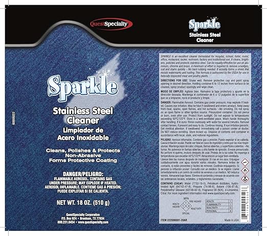 Quest Specialty SPARKLE Stainless Steel Cleaner, 20 oz. can, 1 count, Blue, 2220-1