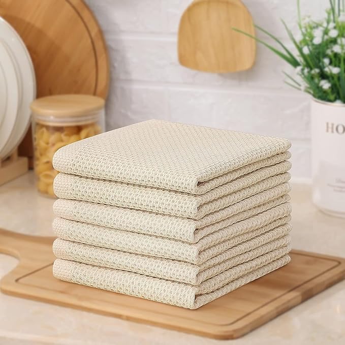 Kitinjoy 100% Cotton Kitchen Dish Cloths 8 Pack, Waffle Weave Ultra Soft Absorbent Dish Towels for Drying Dishes Quick Drying Kitchen Towels Dish Rags (12 X 12 Inches, Beige)