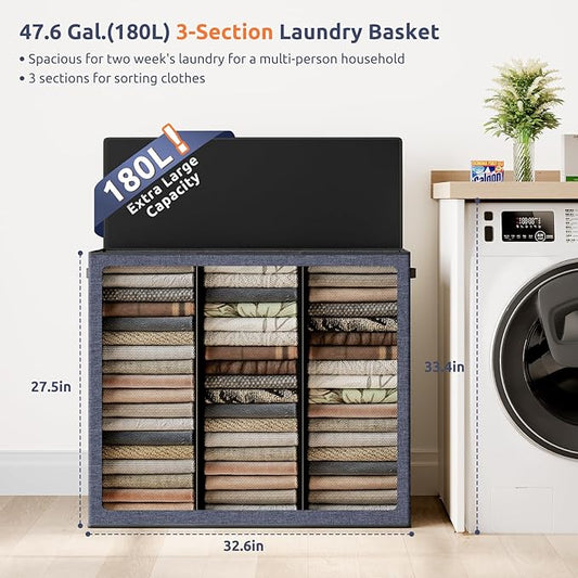 SOLEDI 180L 3-Section Laundry Hamper with Lid, Extra Large Dirty Clothes Basket with Sturdy Handles for Laundry Room & Bedroom - Durable Organizer for Sorting Laundry