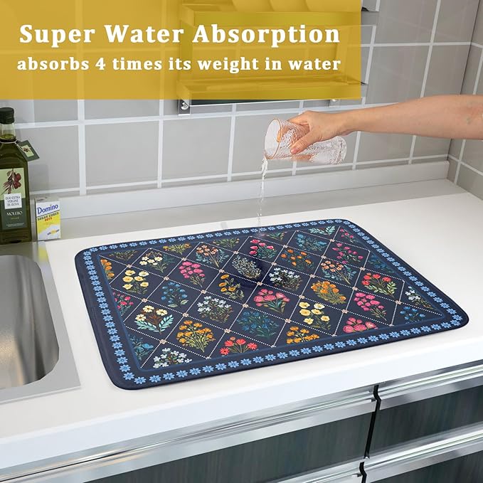 Lapis Blue Dish Drying Mat for Kitchen Counter Flowers Microfiber Absorbent Dish Draining Reusable Washable Large