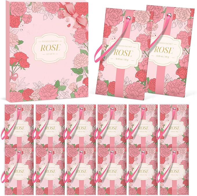 SCENTORINI Scented Sachets for Drawers and Closets, Rose Scent 14 Pack, Long-Lasting Sachets Bags, Closet Freshener Sachet for Drawers, Suitcases, Handbags, Wardrobe Freshener
