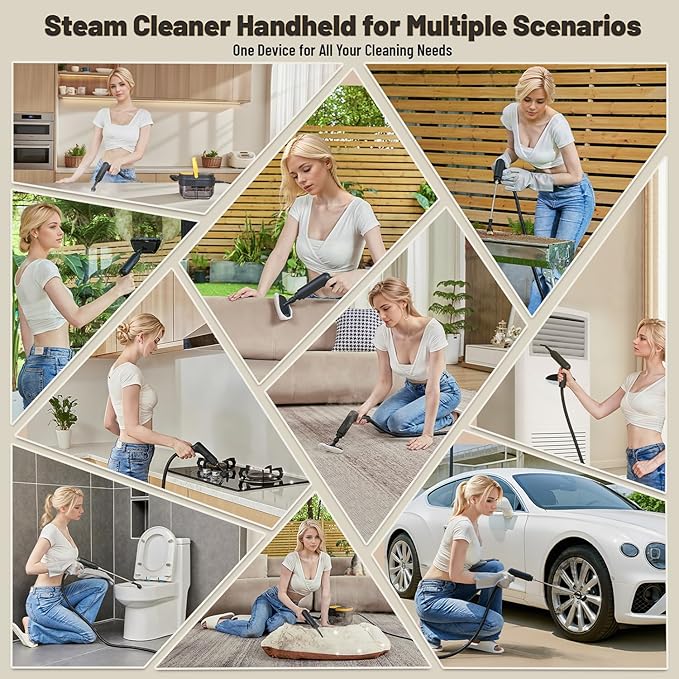 Gautye Steam Cleaner, 3 Level Adjustable Handle, 15s Heat Up, 1.69 Quarts Tank, Portable Steamer for Cleaning with 15 pcs Accessories, Steam Cleaner for Home for Dirt, Grease, Grout, Tile,Floor, Car