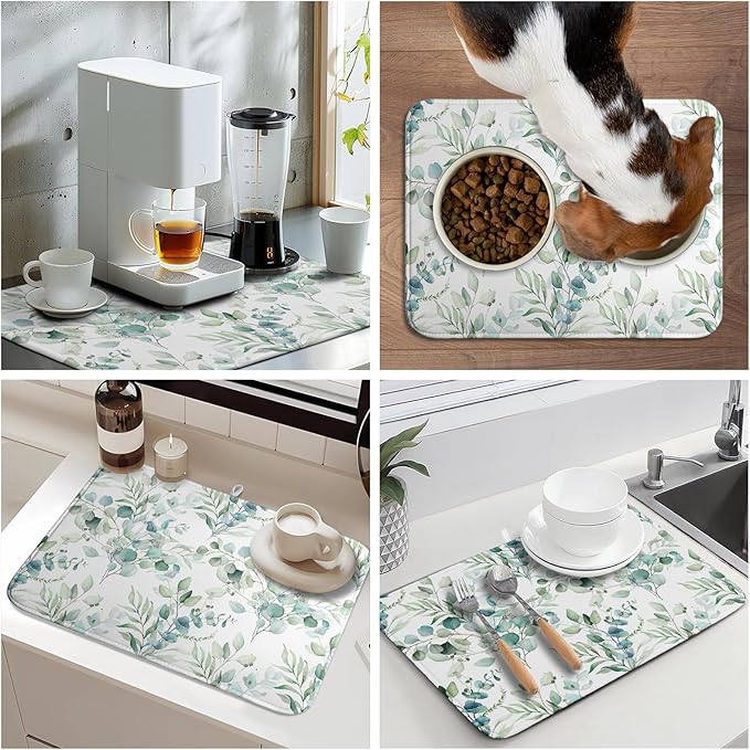 Watercolor Sage Leaves Dish Drying Mats for Kitchen Counter 16x18 Inch,Spring Leaves Kitchen Drying Mat,Sage Herbs Dishes Pad Dish Drainer Rack Mats Absorbent Fast Dry Kitchen Accessories