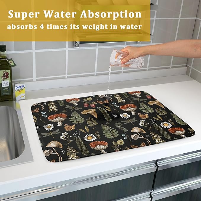 Mushroom Fern Leaves Berry Dish Drying Pad 18 x 24 Inch with Absorbent Reversible Microfiber Vintage Botanical Nature Forest Black Drying Mats For Kitchen Counter Dining Room Decoration