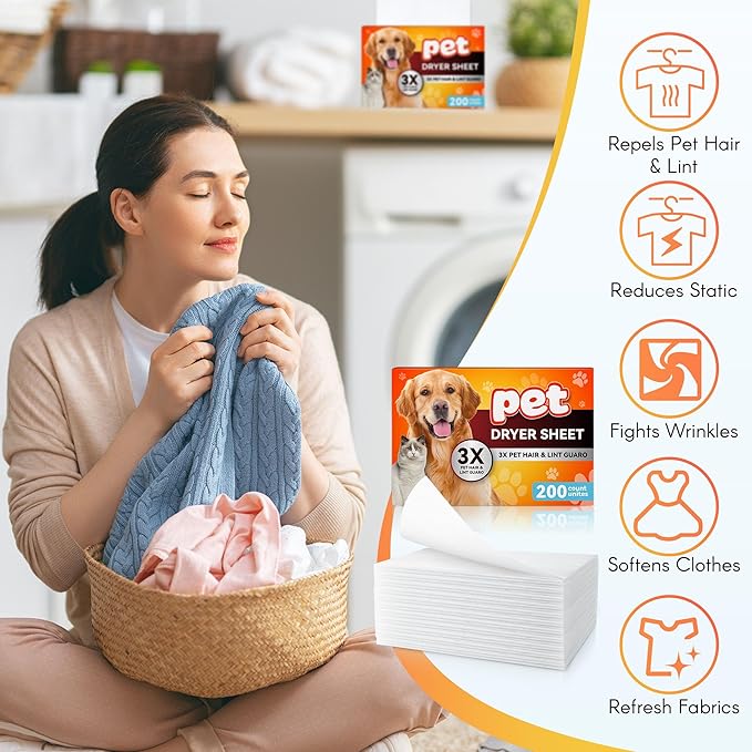 Pet Hair Remover for Laundry, Lint Dryer Sheets, 3 X Pet Hair Fighters, Reduces Static, Adds Softness(Scented,200 Count)