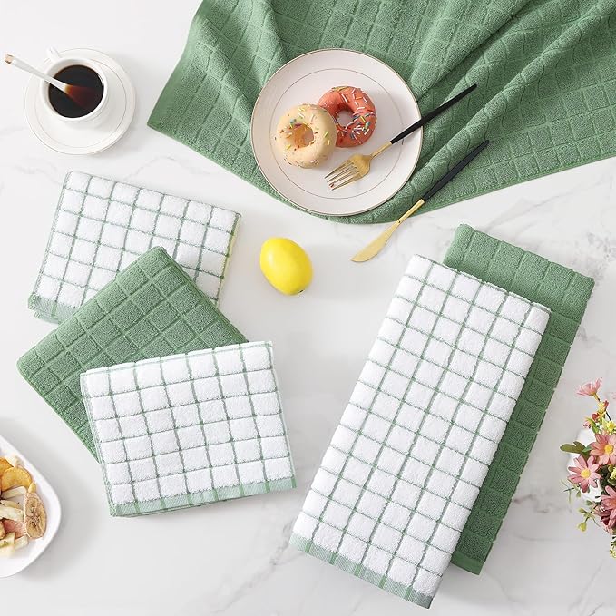 Homaxy Premium Cotton Kitchen Towels 16"x 28", Large Natural Ring Spun 390 GSM Dish Towels, Super Absorbent Terry Kitchen Hand Towels, Soft Tea Towels with Hanging Loop, Grass Green Check, 8 Pack