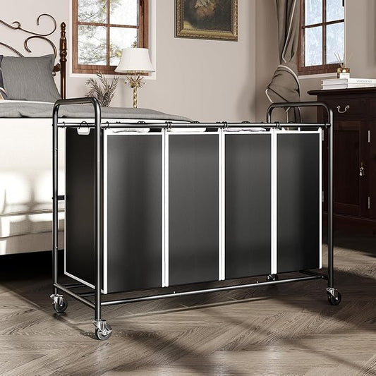 ROMOON Laundry Hamper Sorter Cart: 4-Section Organizer with Heavy-Duty Lockable Wheels and Removable Bags | 180L Rolling Laundry Basket for Dirty Clothes in Laundry Room or Small Spaces (Black)
