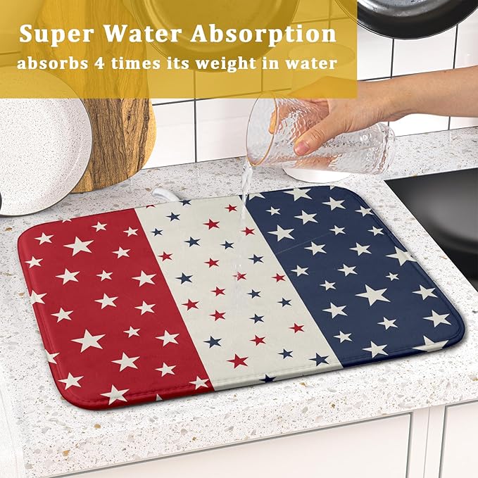 Blue Red White Star July of 4th Patriotic Dish Drying Mat for Kitchen Counter 16x18 Independence Day Absorbent Reversible Microfiber Drying Mats Kitchen Countertop Protector Dishes Drainer Rack Pad