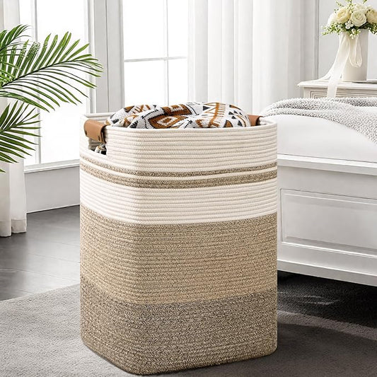 Laundry Hamper, 95L Tall Laundry Basket with Leather Handles, Rectangle Large Clothes Hamper for Organizing, Cotton Woven Laundry Baskets Storage Hampers for Bedroom, Nursery, Living Room