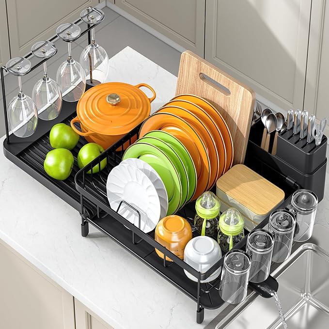 Urackify Large Dish Drying Rack – Expandable Dish Rack for Kitchen Counter, Multifunctional Dish Drainer with Cup & Wine Glass Holder, 16.2"-26" L x 17" W, Black