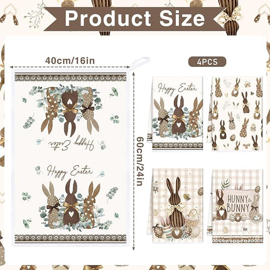 Easter Kitchen Towels Set of 4, Farmhouse Hunny Bunny Easter Dish Towels Gifts for Cooking Cleaning, Spring Hand Towels with Hanging Loop for Kitchen Bathroom Home Decor
