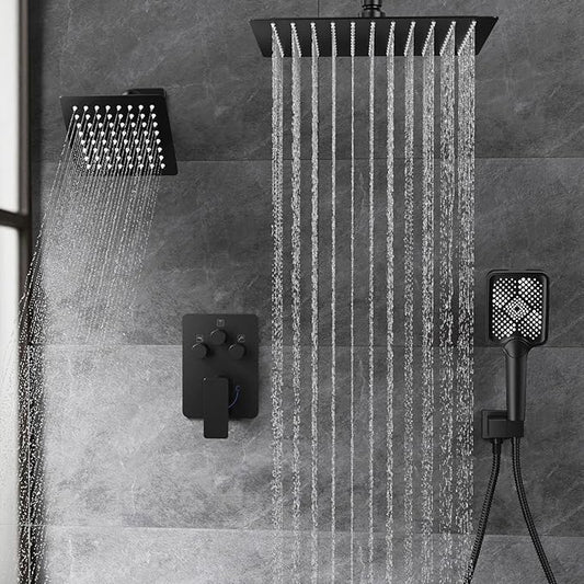 Shower Faucet Set,Matte Black Push Button Shower System with Rain Shower and Handheld,Black Shower Faucet with Valve Ceiling Mount 12 Inch Shower Head and 6 Inch Shower Head with Handheld