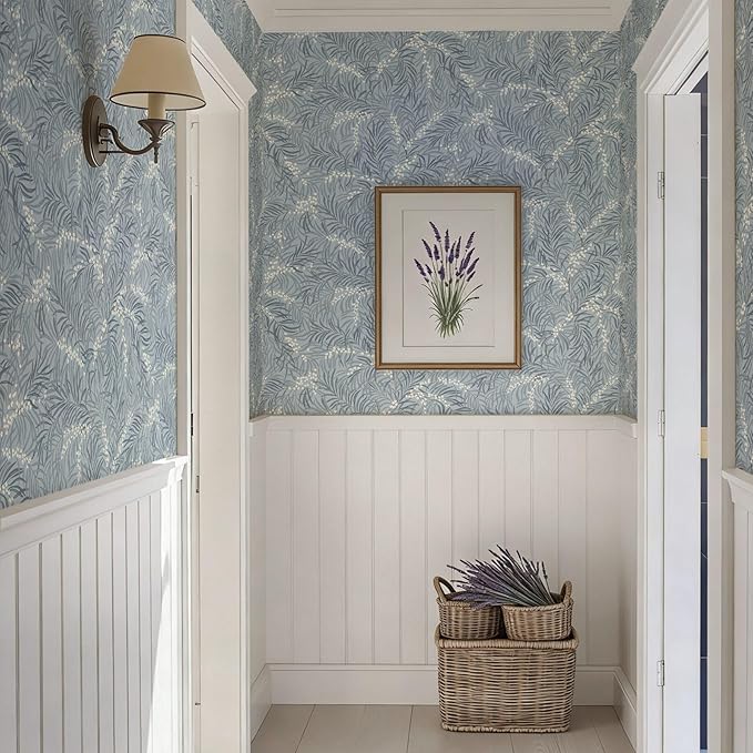 Ismoon Vintage Wallpaper Peel and Stick Dusty Blue Botanical Wallpaper 17.3in x6.56ft Leaf Removable Waterproof Blue/White Contact Paper for Bedroom Kitchen Renter Friendly Wall Decor Vinyl