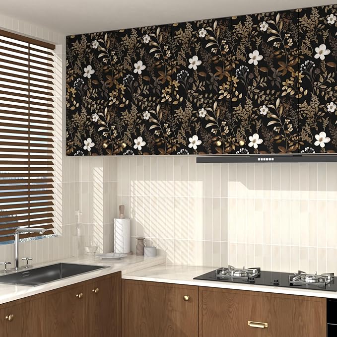 Boho Floral Wallpaper Peel and Stick Black Gold Wallpapers 17.5'' x 393'' Vintage Gold Leaf Contact Paper for Cabinets Waterproof Self Adhesive Removable Wall Paper for Kitchen Table Countertop Walls