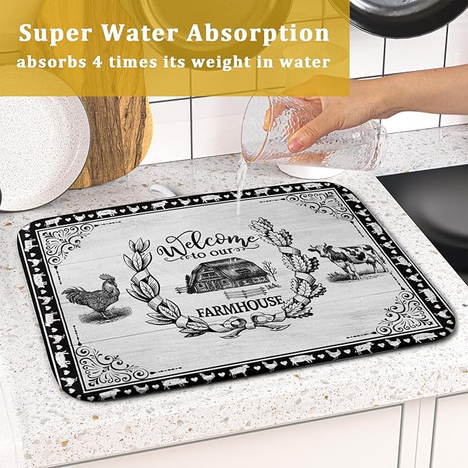 Farm Animal Dish Drying Mat 16x18 Inch Welcome to Our Farmhouse Microfiber Dish Drainer Pads Absorbent Fast Dry Kitchen Accessories