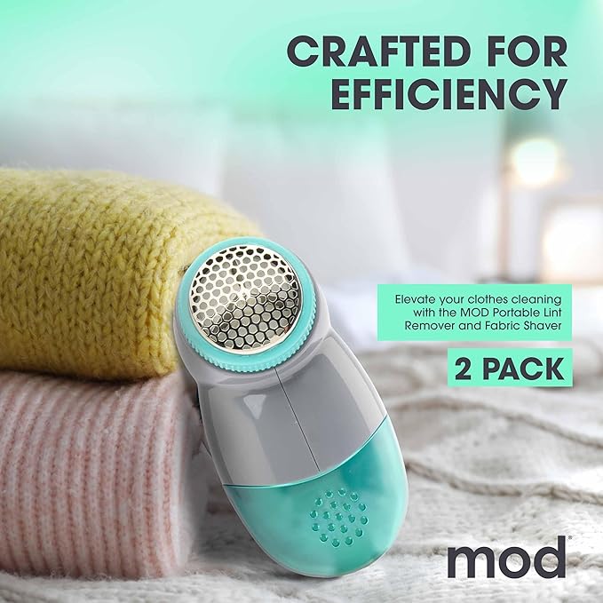 MOD 2 Pack Portable Fabric Shaver and Lint Remover, Reusable Pet Hair Remover, Lint Roller for Clothes, Sweater Shaver, Couch, Blankets with Detachable Lint Collector Tank, Battery Operated, Grey