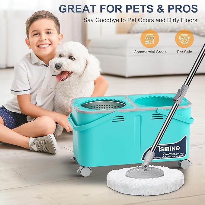 Easy-Use Spin Mop for Cleaner, Controlled Rinsing, Clean & Dirty Water Separation Mop Bucket for Pet & Family Homes,360° Swivel Wheels, Safe for Hardwood & Tile, Adjustable Handle,1 Reusable Mop Heads