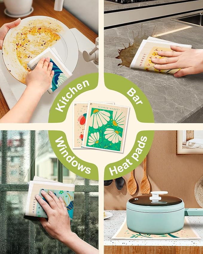 Swedish Dishcloths for Kitchen - 5 Pack Reusable Dish Cloths for Washing Dishes Absorbent Cute Funny Kitchen Towels Cleaning Sponge, Cartoon Flower
