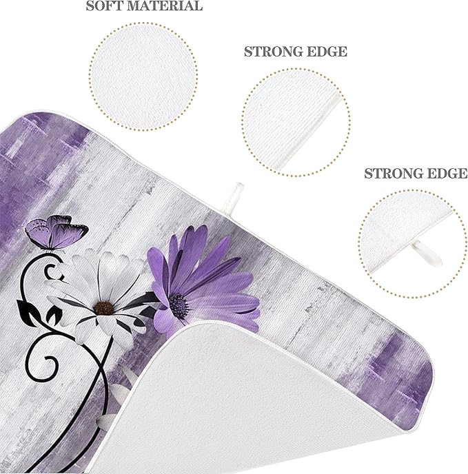 Floral Dish Drying Mat 18x24 Inches For Kitchen Counter Purple Daisy Flower Kitchen Decoration Drying Mat Modern Decorative Drying Pad For Home Kitchen Decor,Dining Room,Office Decor