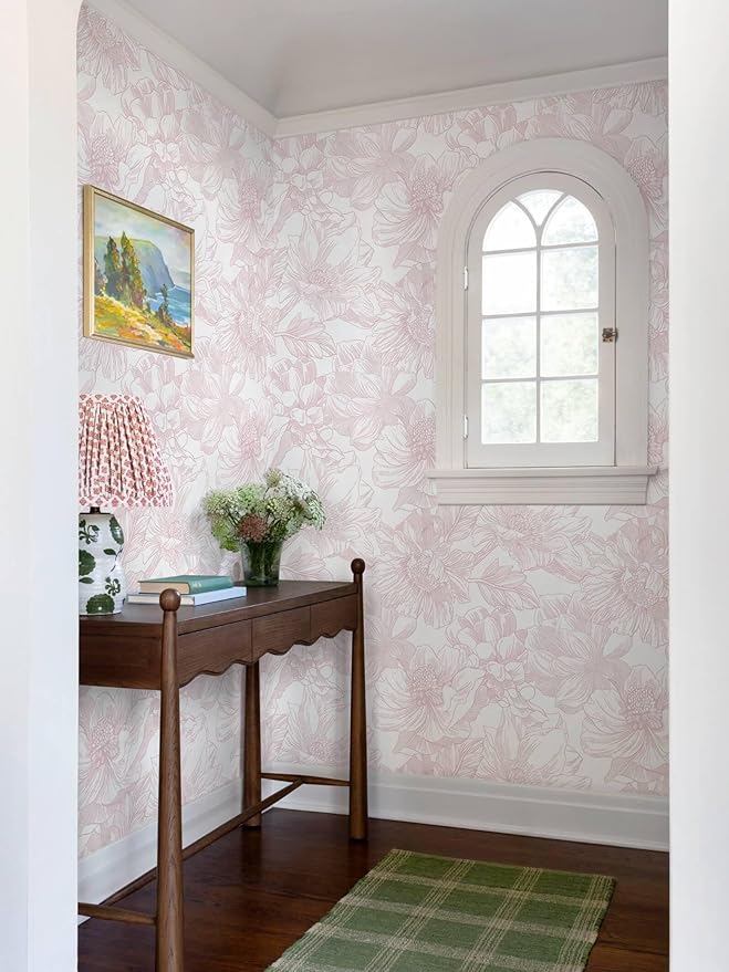 Ismoon Large Floral Peel and Stick Wallpaper Boho White/Pink Contact Paper 17.3inx6.5ft Removable Self Adhesive Bedroom Cabinet Mural Wall Decor Vinyl Roll