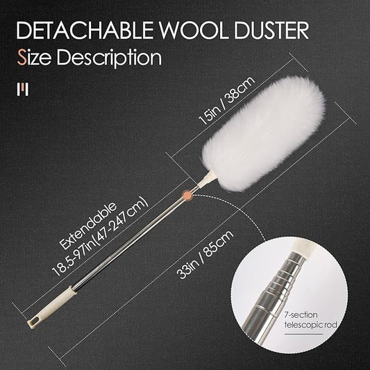 Extendable Lambswool Duster 29-110 Inch,Anti-Static Flexible Head, Stainless Steel Pole for Cleaning High Ceiling,Fan,Furniture,Roof Dusting
