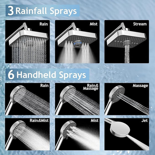 High Pressure Rainfall & Handheld Shower Head Combo, 3-Spray Fixed Showerhead and 6 Sprays Hand Held with 6ft Stainless Steel Hose and Adjustable Extension Arm (Silver black)
