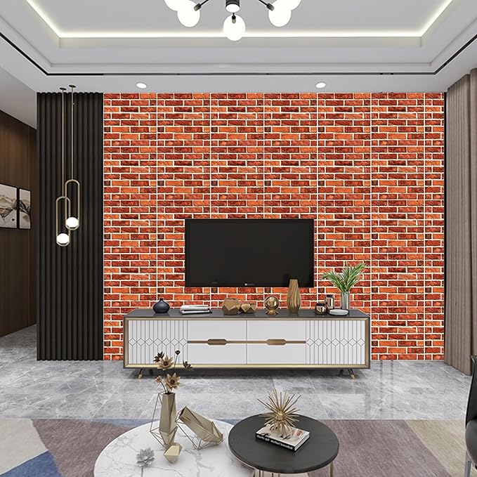 3D Wall Panels Peel and Stick, 3D Wall Panels Self Adhesive Waterproof 10PCS PVC 3D Brick Wallpaper Peel and Stick for Interior Wall Decor,Bedroom,Living Room12''x12'' (Dark Red Stone)