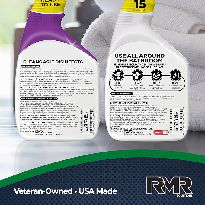RMR Bathroom Brilliance Bundle – Tub & Tile Stain Spray + RMR-141 EPA Registered Mold & Mildew Remover, 2-Step Bathroom Cleaning & Disinfecting System for Showers, Sinks, Tile, Grout, 2–32 Oz Bottles