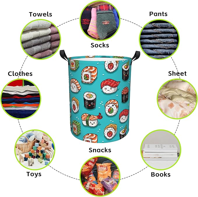 Cute Kawaii Sushi Laundry Basket Foldable Laundry Hamper Waterproof Oxford Cloth Large Laundry Basket Clothes Storage Bucket Toy Organizer For Bathroom, Laundry, College 17.3 x16.5 Inch