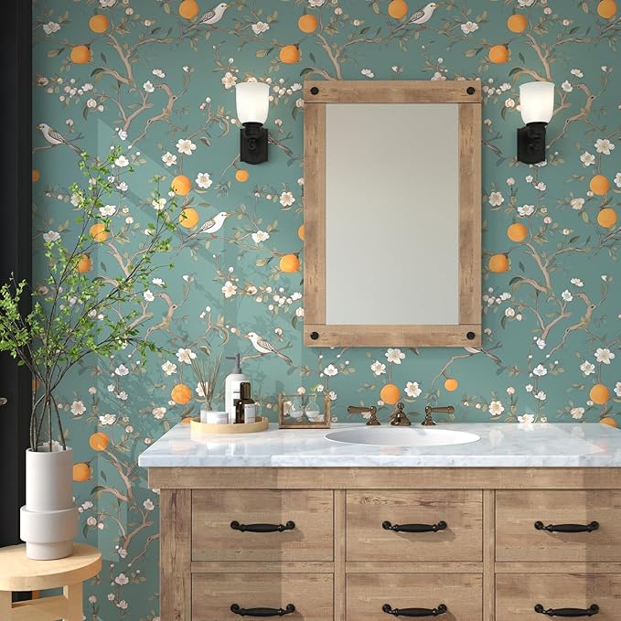 Green Floral Wallpaper Peel and Stick, Birds & Orange Fruits Contact Paper 17.5" x 393.7",Vintage Botanical Boho Wall Paper Self Adhesive Waterproof Removable for Room Shelves Cabinet Drawer Table
